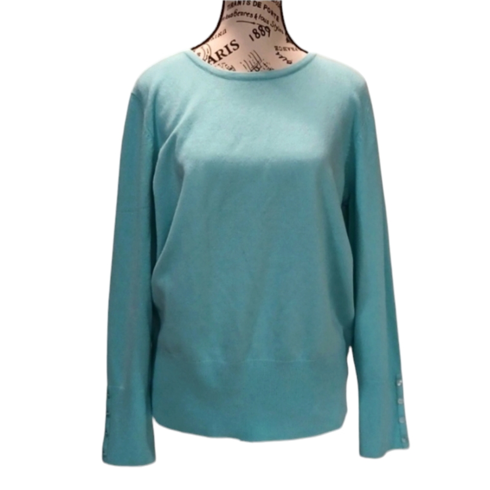 JM Collection Aqua Pullover Sweater with Button‎ Detail Sleeve Size L